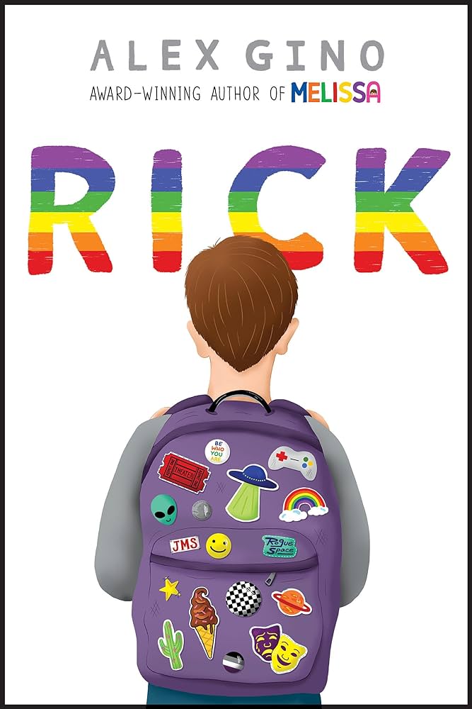 "Cover of the book 'Rick' by Alex Gino, featuring an illustration of a young boy with colorful background"